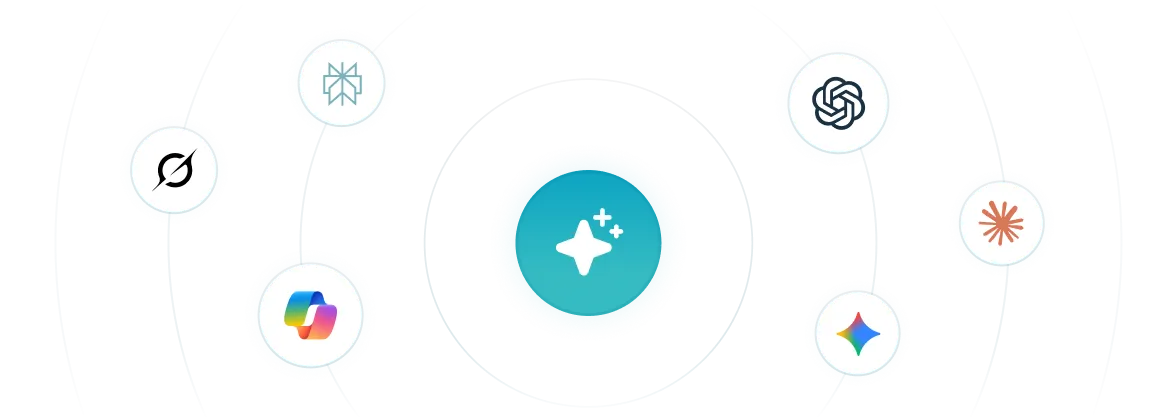 Central glowing star icon surrounded by six other company and technology logos arranged in a circular orbit pattern on a black background.