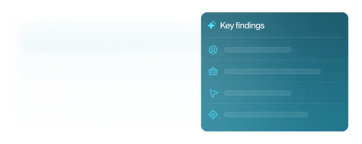 Interface showing a 'Key findings' summary with four icon-labeled insights next to blurred list content.