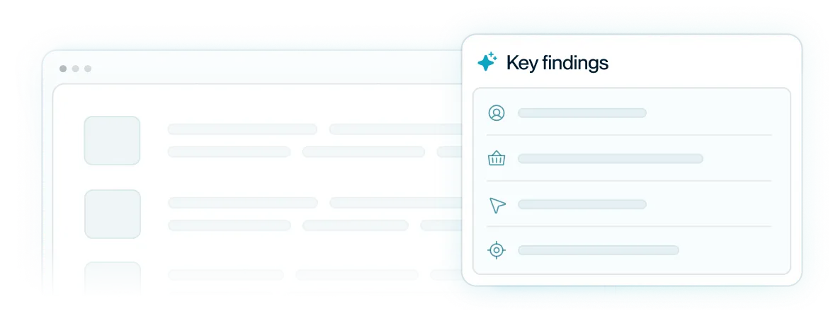 Interface showing a 'Key findings' summary with four icon-labeled insights next to blurred list content.