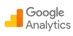 Google Analytics logo with stylized yellow bar chart and text.