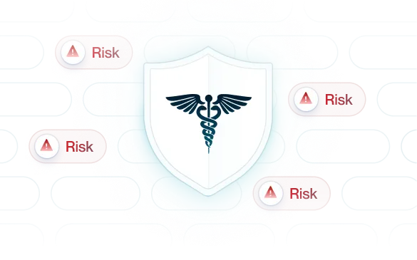 Medical shield icon in the center surrounded by red risk warning labels with exclamation marks.