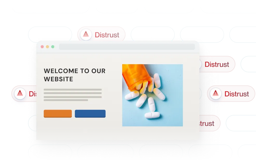 Website popup showing spilled white pills from an orange bottle with red distrust warnings around it.