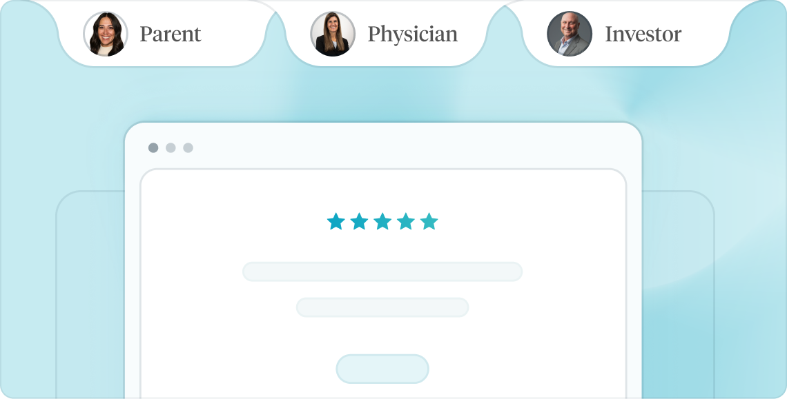 Interface with profile images of parent, physician, and investor above a browser window showing a five-star rating.