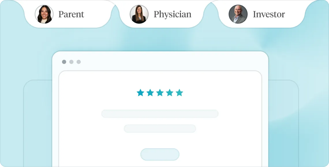 Interface with profile images of parent, physician, and investor above a browser window showing a five-star rating.