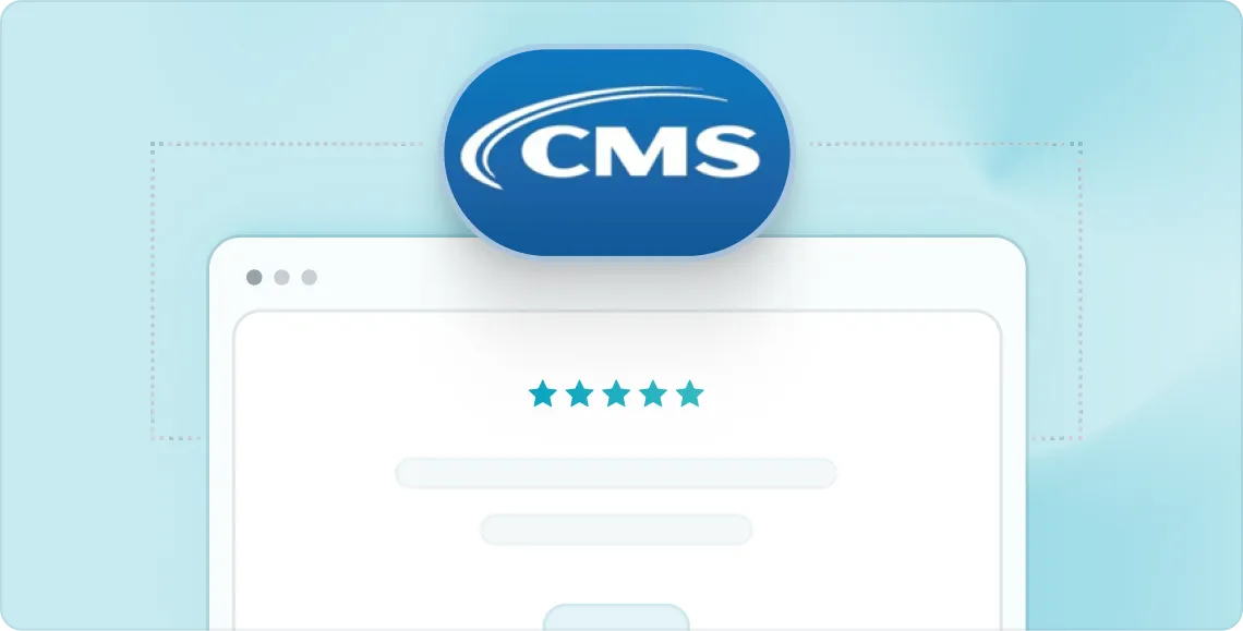 Blue CMS logo above a white web browser window with five blue stars on a light blue background.