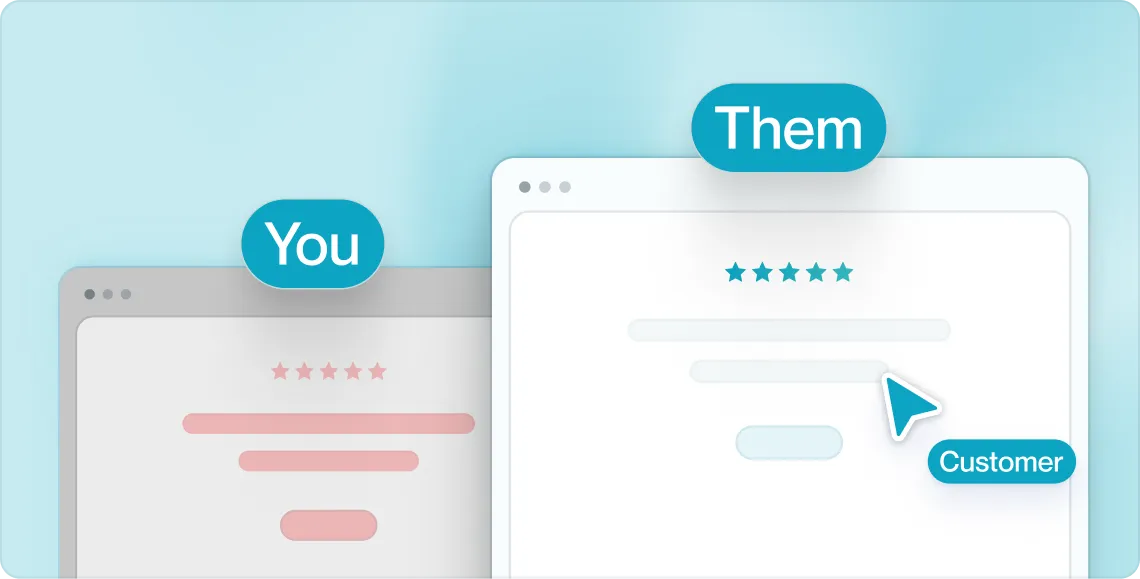 Comparison of two browser windows showing ratings and text, labeled You and Them with Customer pointer.