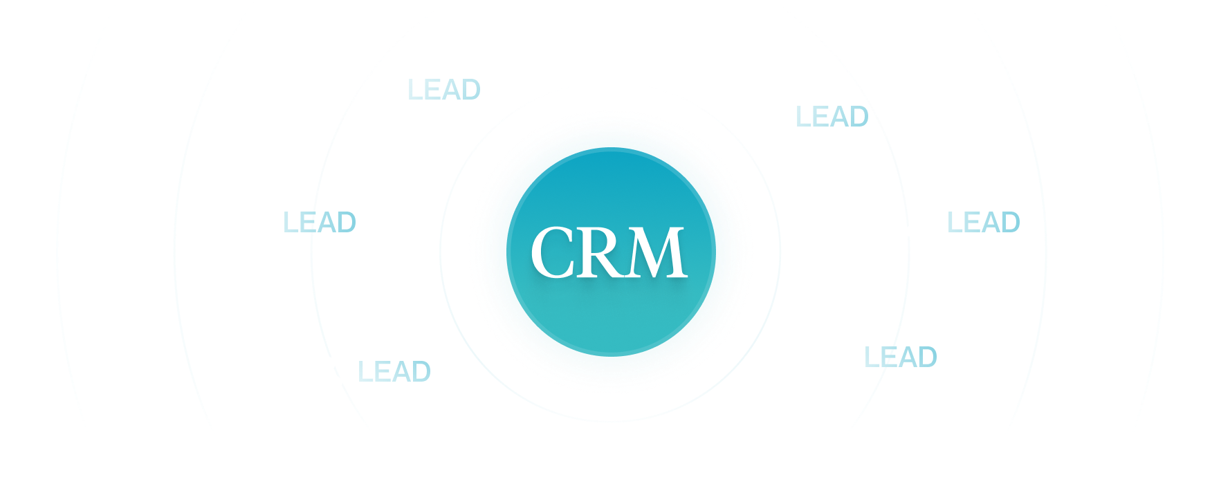 Central CRM circle surrounded by six outer circles labeled LEAD connected by curved lines.