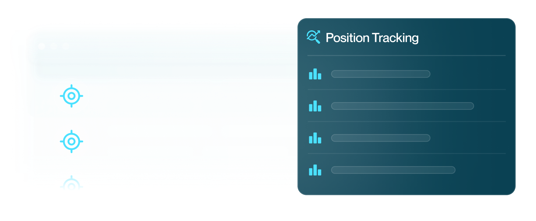 Dashboard section showing position tracking with four progress bars and target icons.