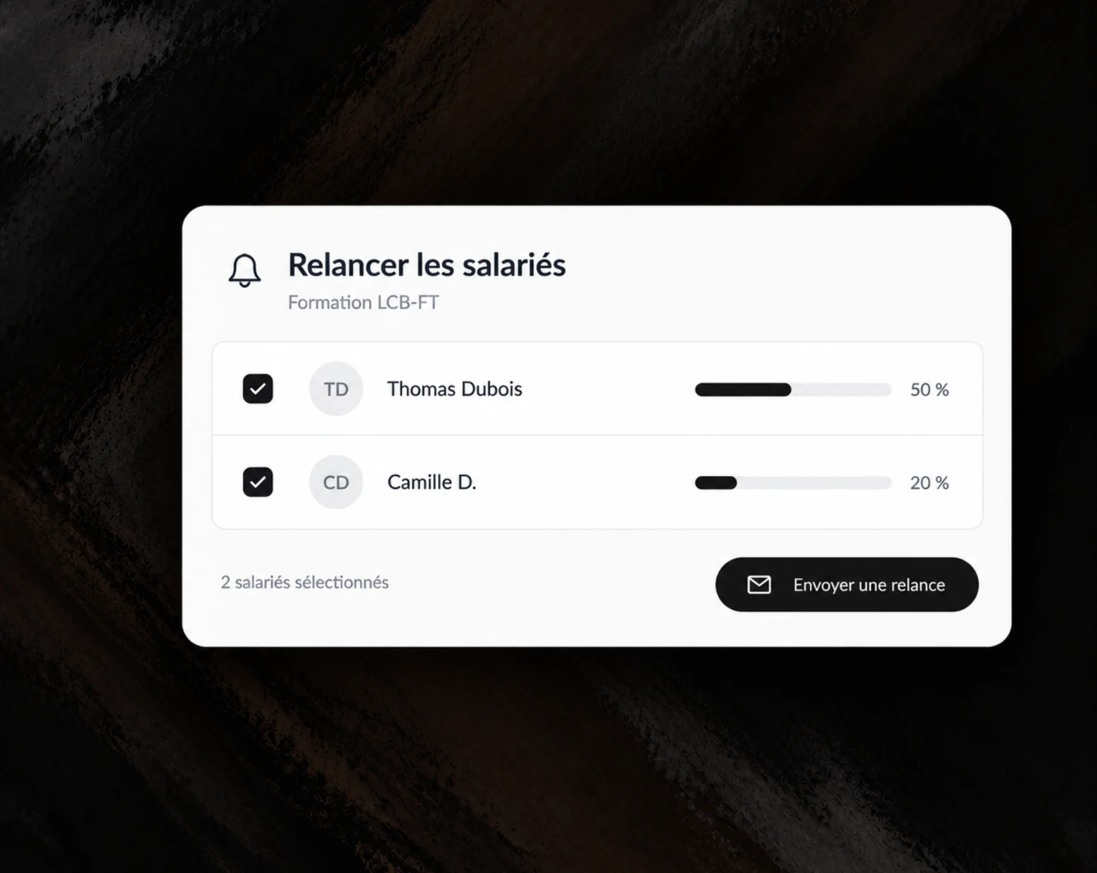 Okto : fenêtre « Relancer les salariés » pour envoyer une relance aux apprenants de la formation LCB-FT