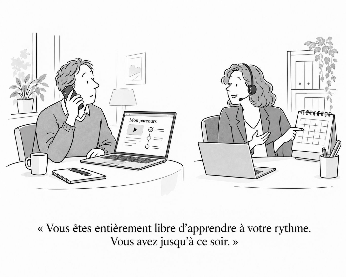 Dessin humoristique : un salarié au téléphone devant son parcours de formation. « Vous êtes entièrement libre d'apprendre à votre rythme. Vous avez jusqu'à ce soir. »