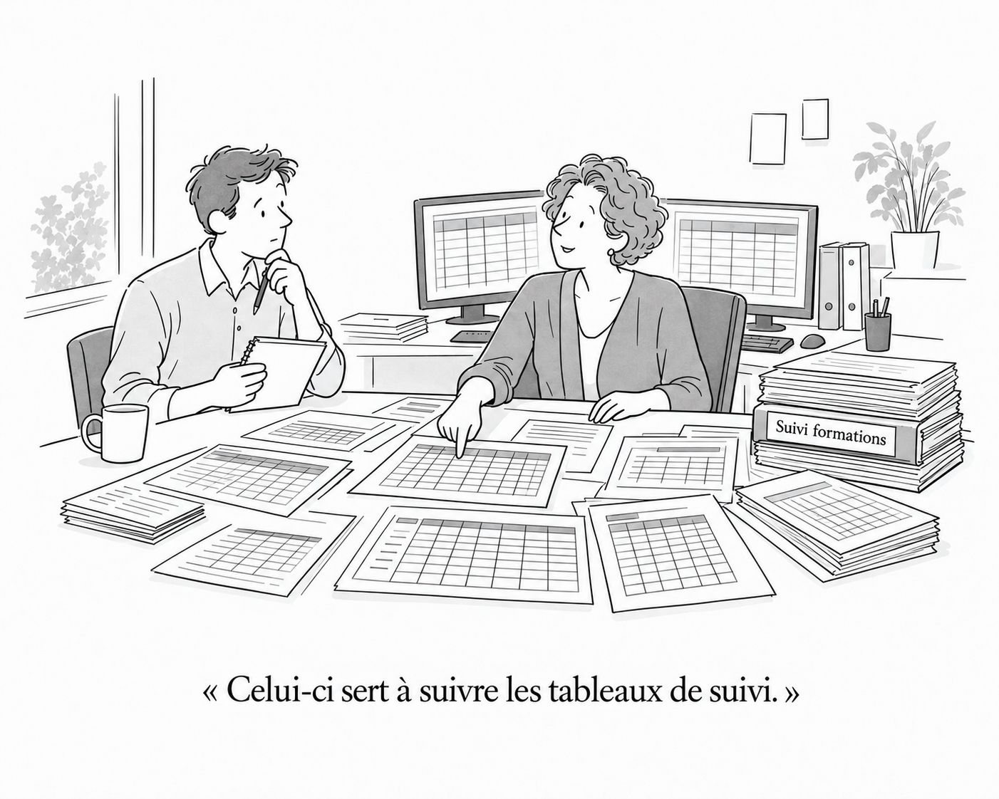 Dessin humoristique : deux collègues sous une avalanche de tableaux imprimés. « Celui-ci sert à suivre les tableaux de suivi. »
