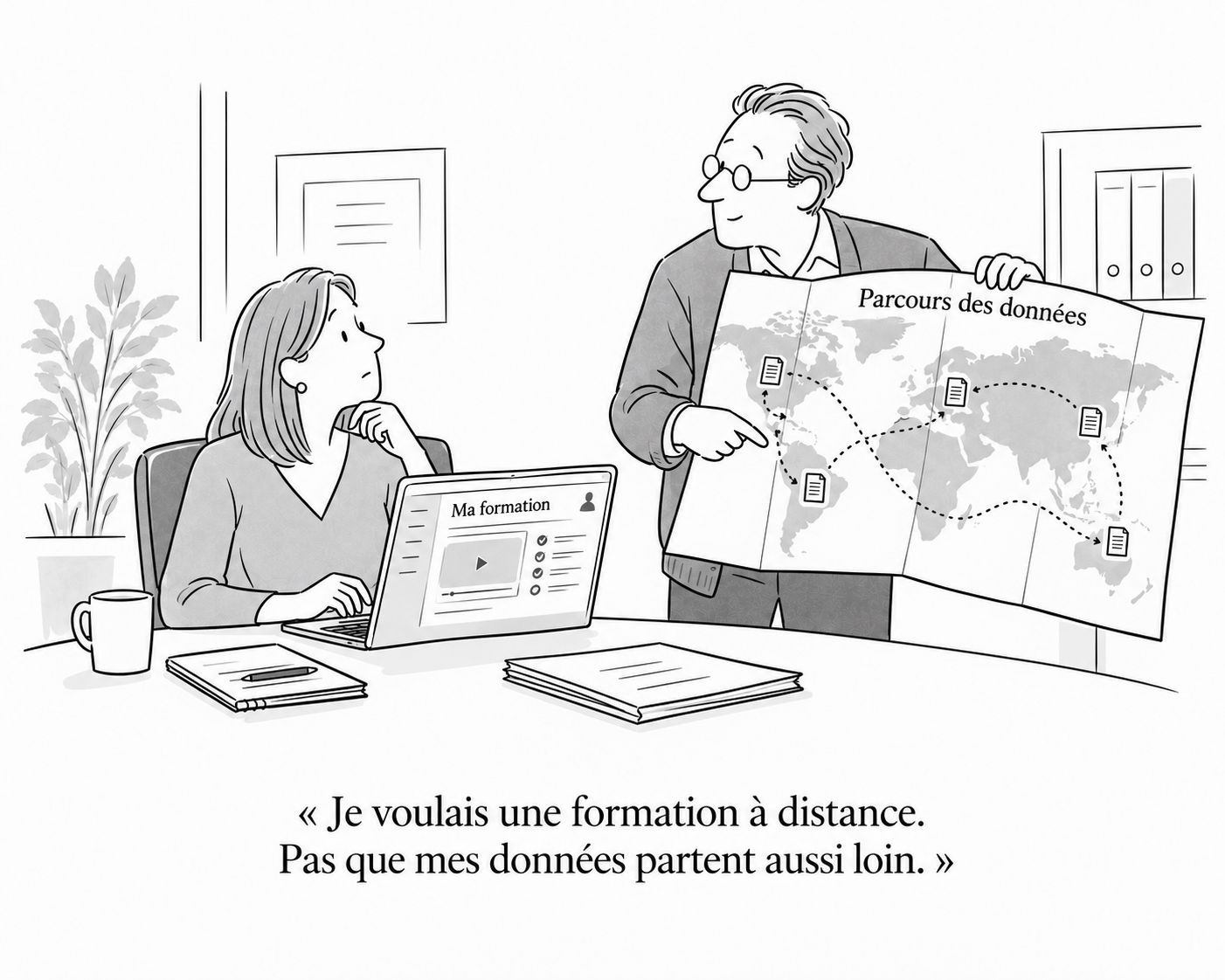 Dessin humoristique : un collègue déplie la carte du « parcours des données » devant une apprenante. « Je voulais une formation à distance. Pas que mes données partent aussi loin. »