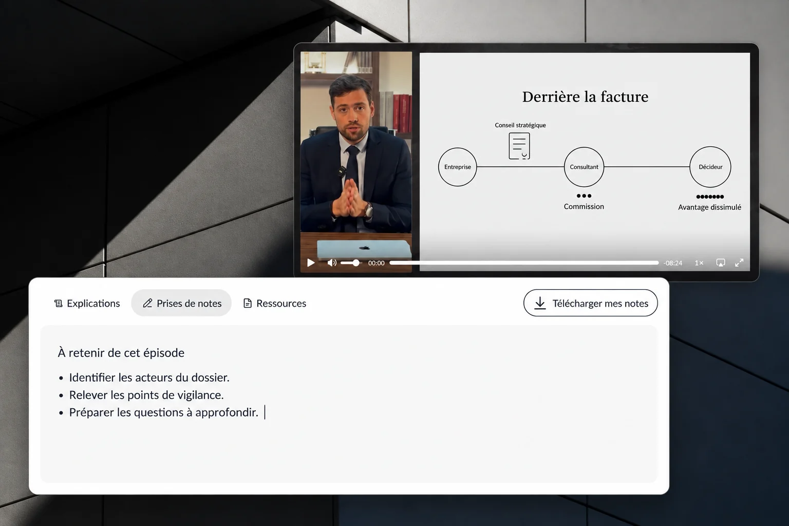 Okto : épisode vidéo avec un formateur et prise de notes intégrée