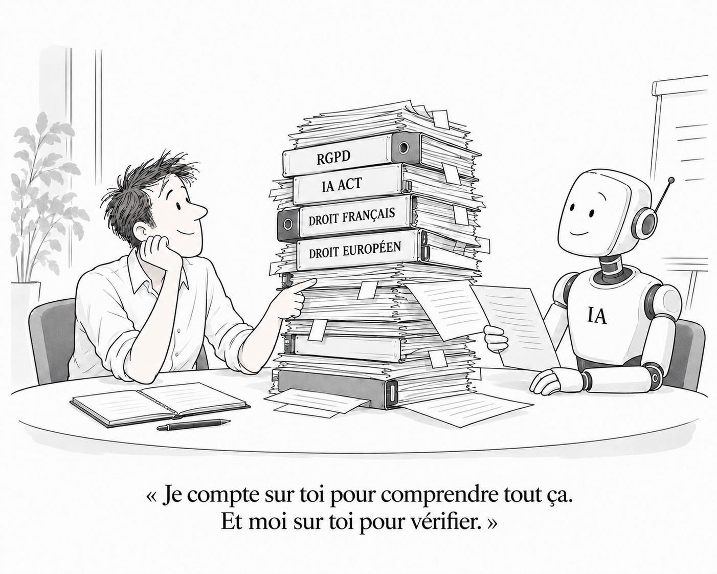 Dessin humoristique : un homme et un robot IA de part et d'autre d'une pile de textes (RGPD, IA Act, droit français, droit européen). « Je compte sur toi pour comprendre tout ça. Et moi sur toi pour vérifier. »