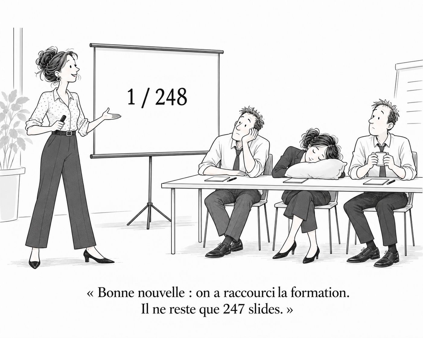 Dessin humoristique : une formatrice devant un écran affichant « 1 / 248 », face à un auditoire assoupi. « Bonne nouvelle : on a raccourci la formation. Il ne reste que 247 slides. »