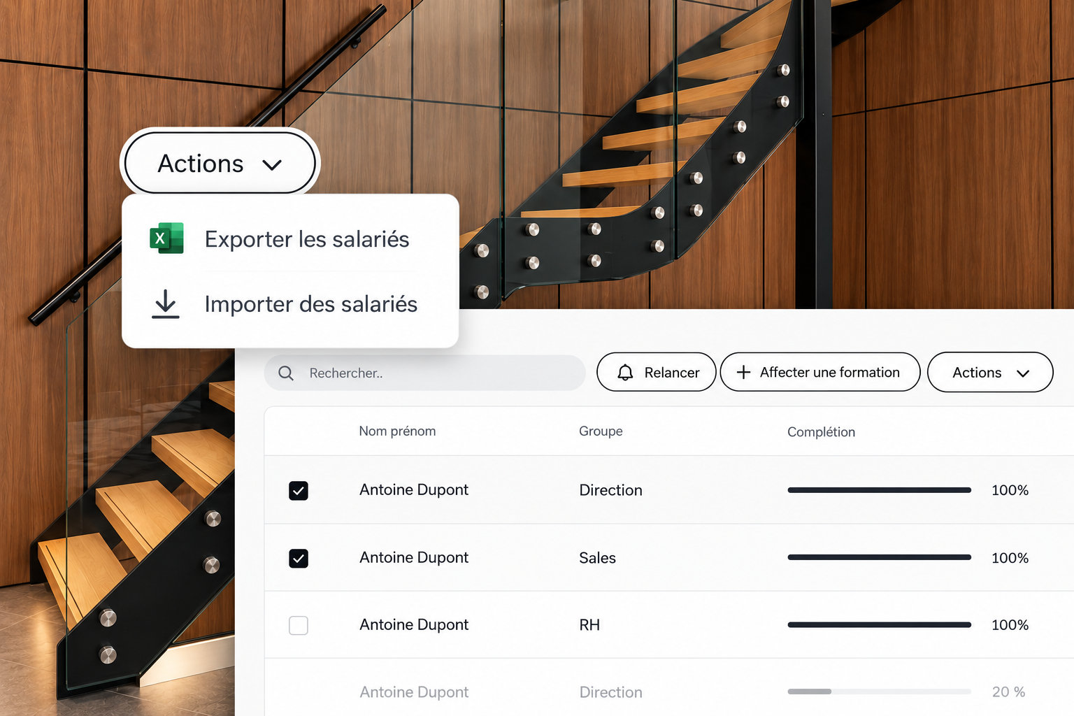 Okto : menu Actions pour exporter ou importer la liste des salariés