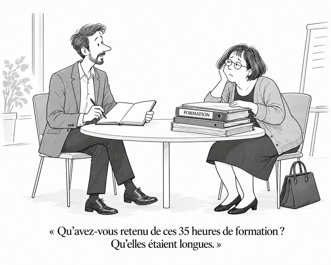 Dessin humoristique : deux collègues devant une pile de classeurs de formation. « Qu'avez-vous retenu de ces 35 heures de formation ? Qu'elles étaient longues. »