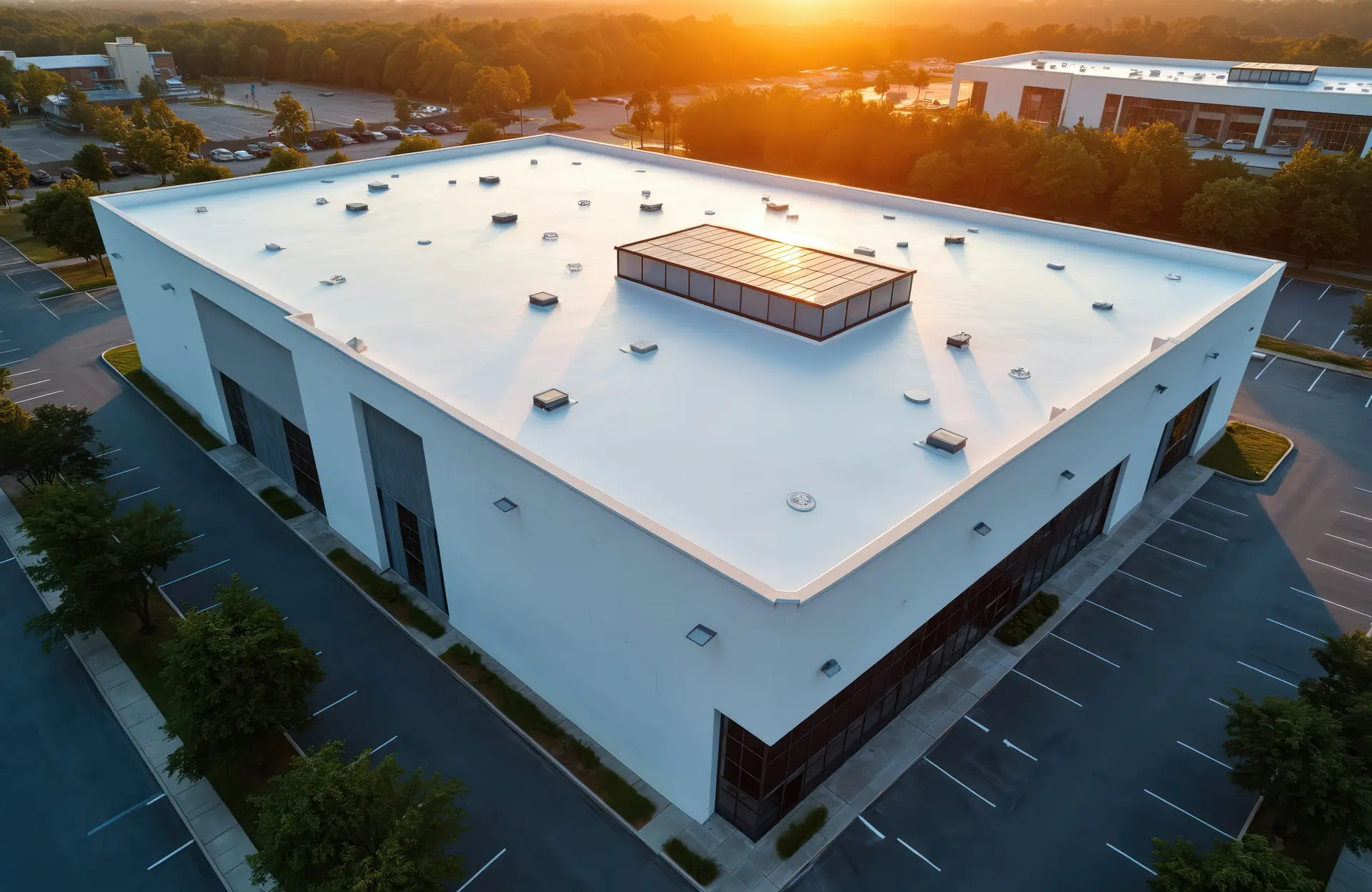 Aerial view of a large white industrial building with a flat roof and skylights, surrounded by empty parking lots and trees at sunset.