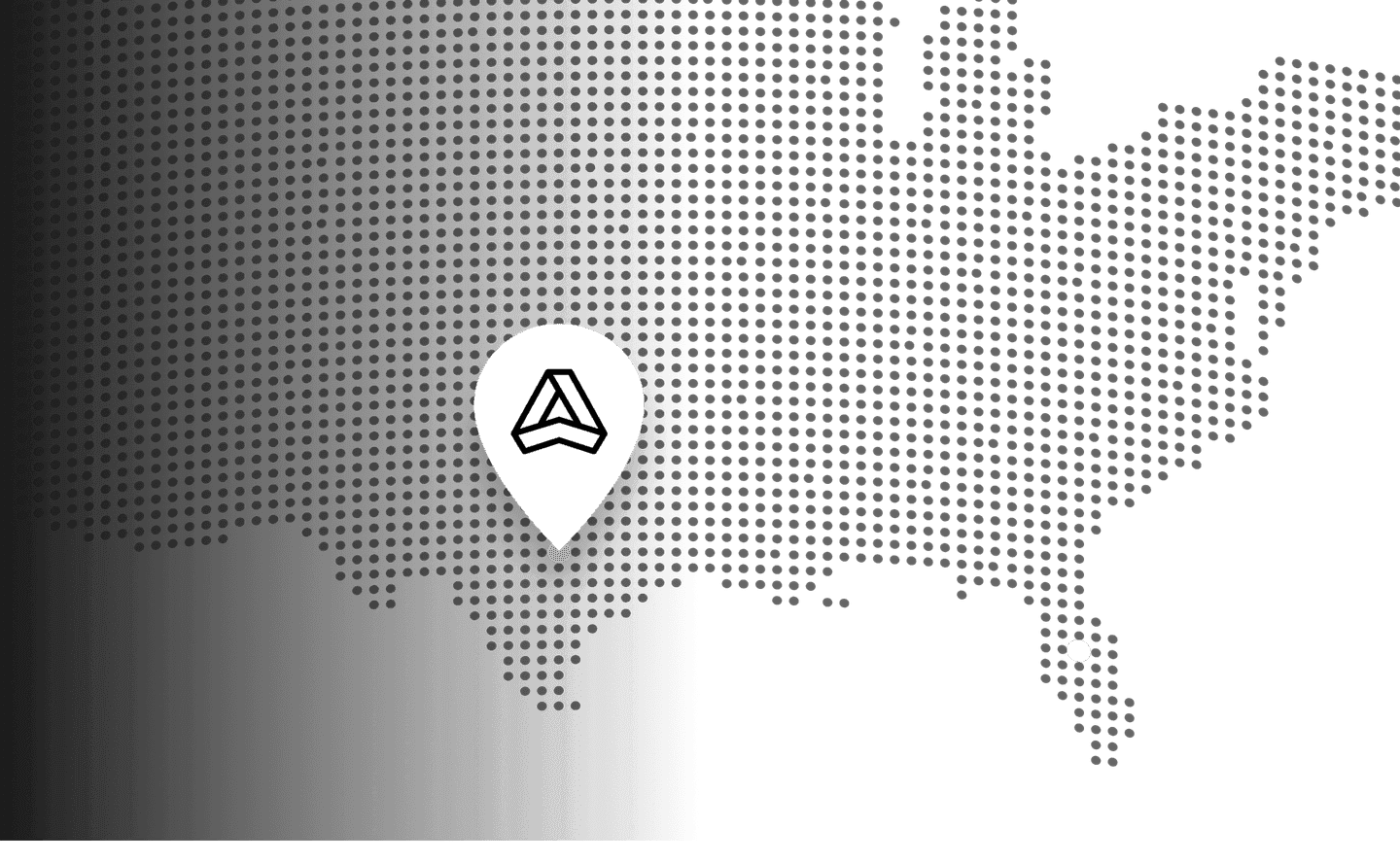 Stylized dot map highlighting a location with a white map pin and a triangular logo in the central-left area.