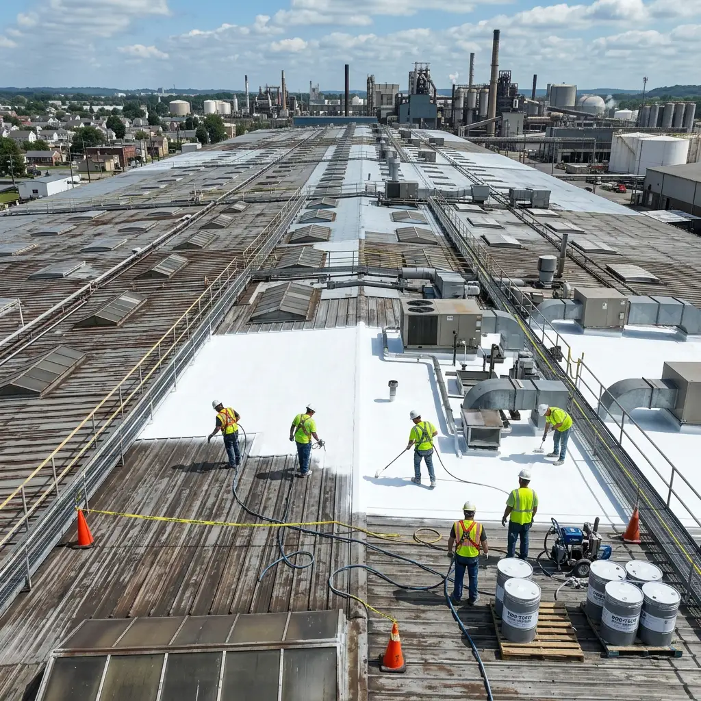 Workers in safety vests applying white coating to a large industrial rooftop under a partly cloudy sky.