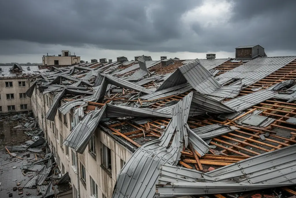 Damaged building roof with twisted and torn metal sheets under a cloudy sky.