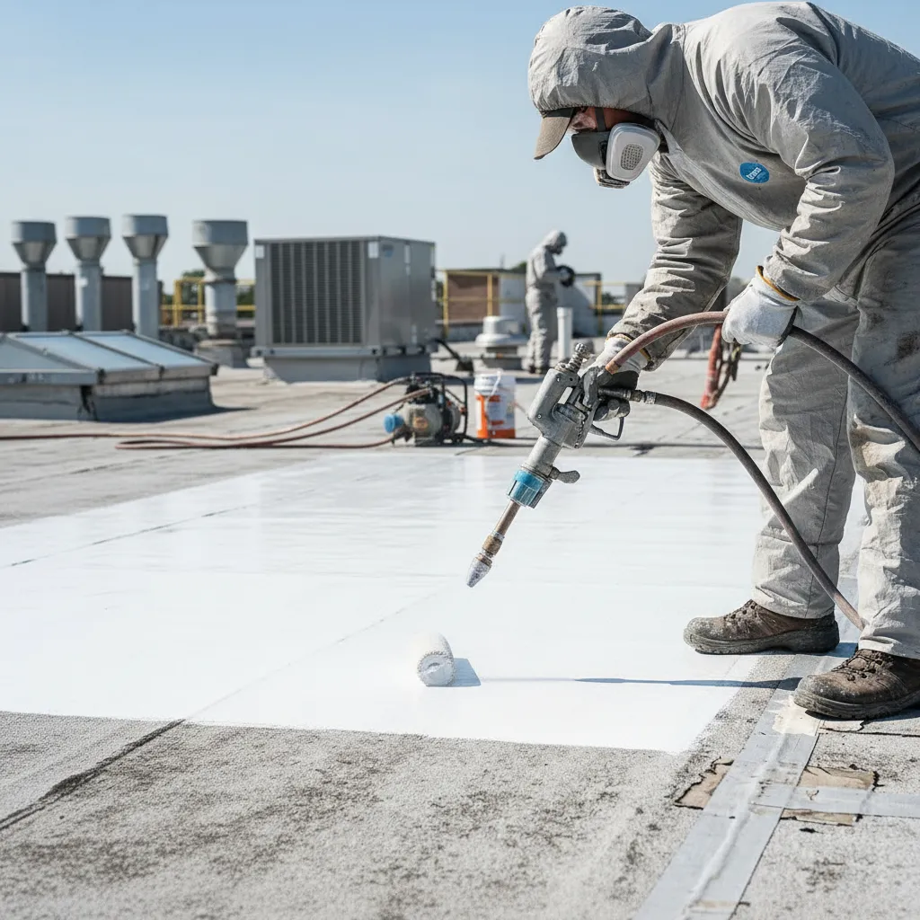 Worker in protective suit and mask applying white coating to a flat rooftop using a spray gun.