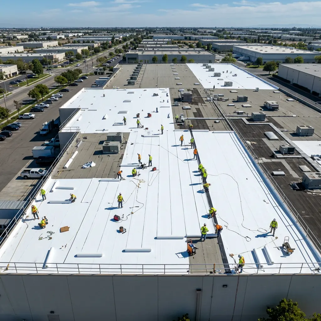 Aerial view of workers installing white roofing material on a large industrial building roof in an industrial park.