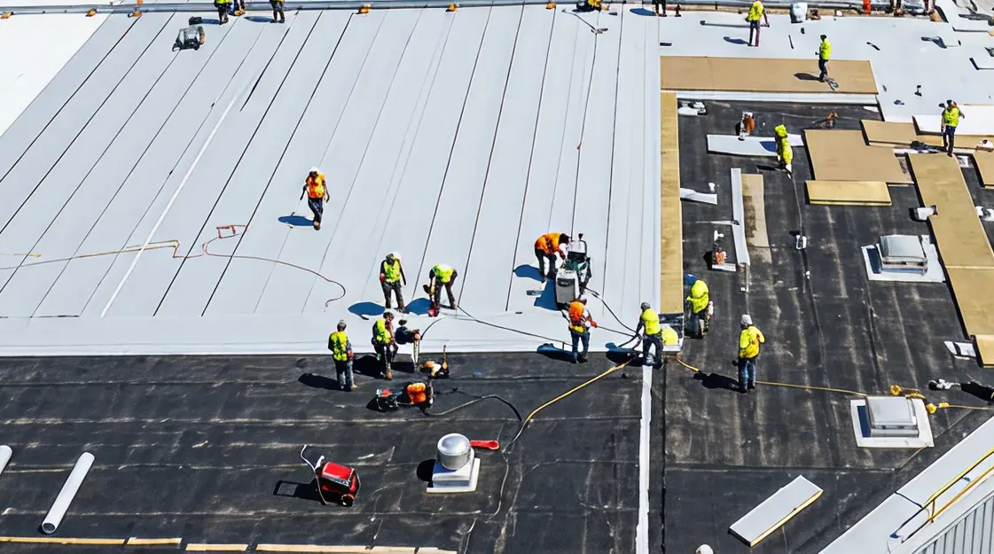 Workers installing a white roofing membrane on a commercial roof, with some areas covered in black underlayment and roofing materials scattered around.