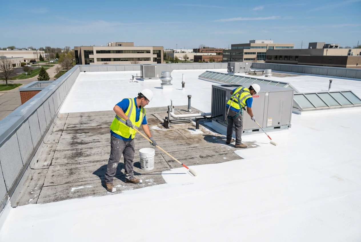 Two workers in yellow safety vests and helmets applying white coating on a flat roof with paint rollers.