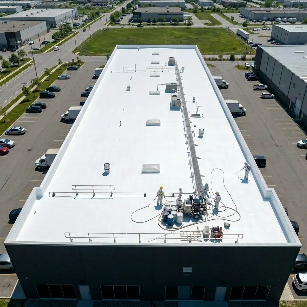 Aerial view of workers in protective suits applying white coating to a large flat roof of an industrial building surrounded by parking lots and other buildings.