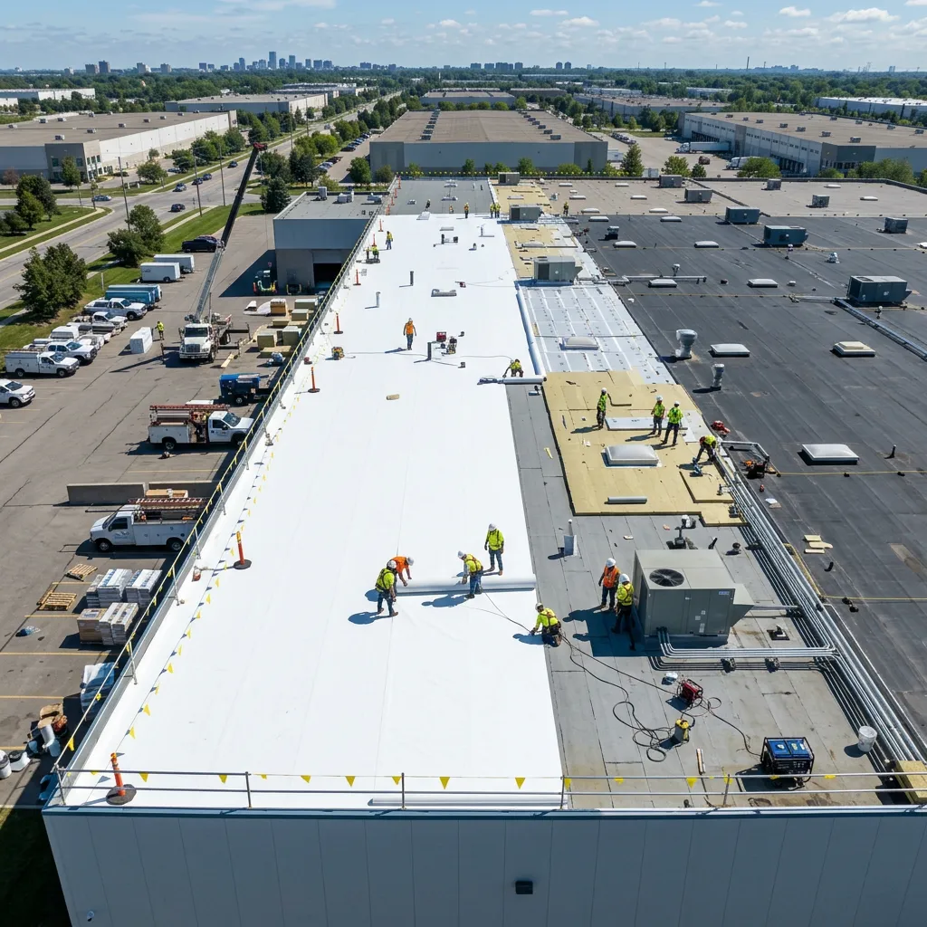 Construction workers installing a white roof covering on a large industrial building under a clear sky.