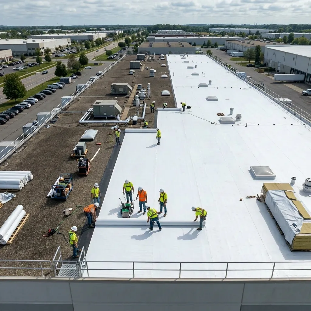 Workers installing a white roofing membrane on a large flat commercial building roof.