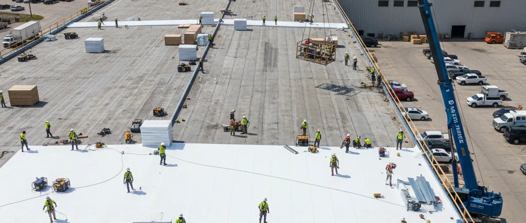 Construction workers installing a white roof membrane on a large flat rooftop with a crane lifting materials.