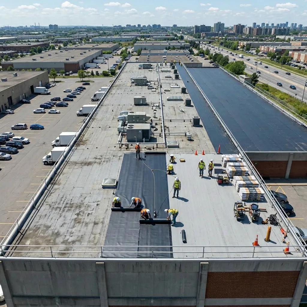 Workers installing black roofing material on a large commercial flat roof on a sunny day with city buildings and a highway in the background.