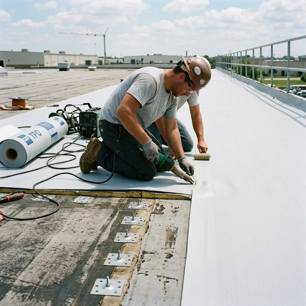 Two construction workers installing a white roofing membrane on a flat roof using heat welding and a roller tool.
