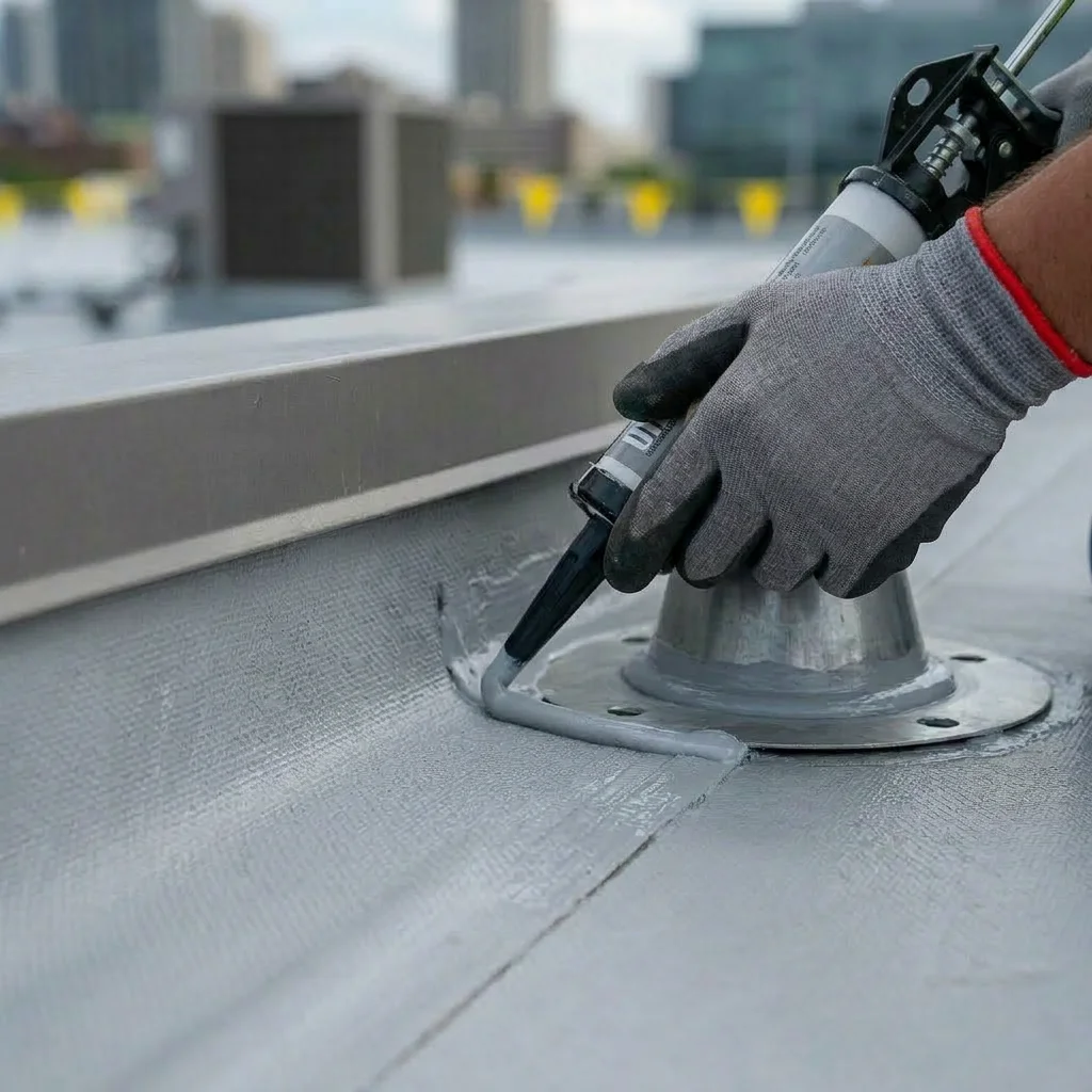 Hand wearing gray glove applying gray sealant with a caulking gun on a rooftop surface near a metal vent pipe.