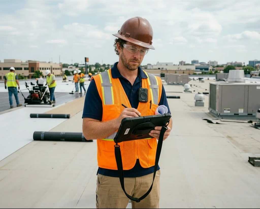 Construction worker wearing an orange safety vest and brown hard hat, using a tablet while standing on a rooftop with other workers and equipment in the background.