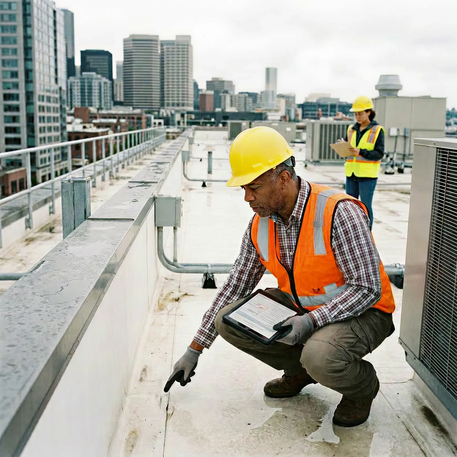 Construction workers in safety gear inspecting rooftop surface near city buildings, one pointing at a crack.