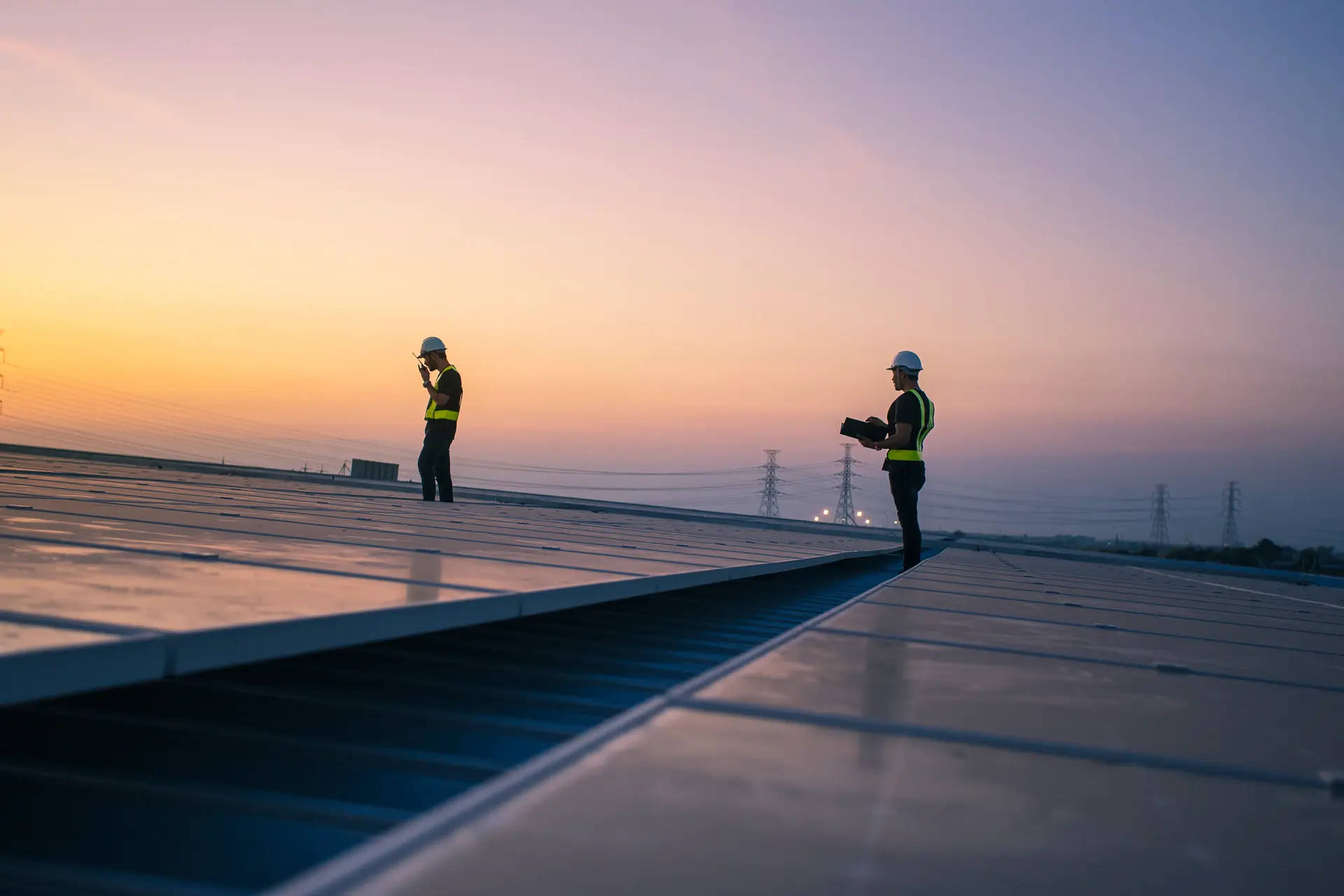 Two construction workers wearing helmets and safety vests inspecting solar panels on a rooftop at sunset.