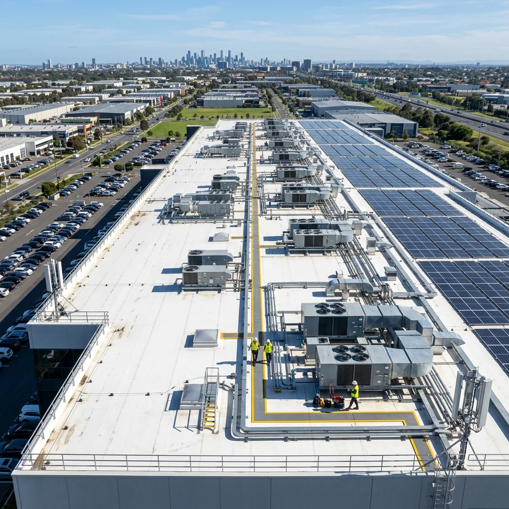 Aerial view of an industrial rooftop with solar panels and HVAC units, three workers in safety vests, and a city skyline in the distance.