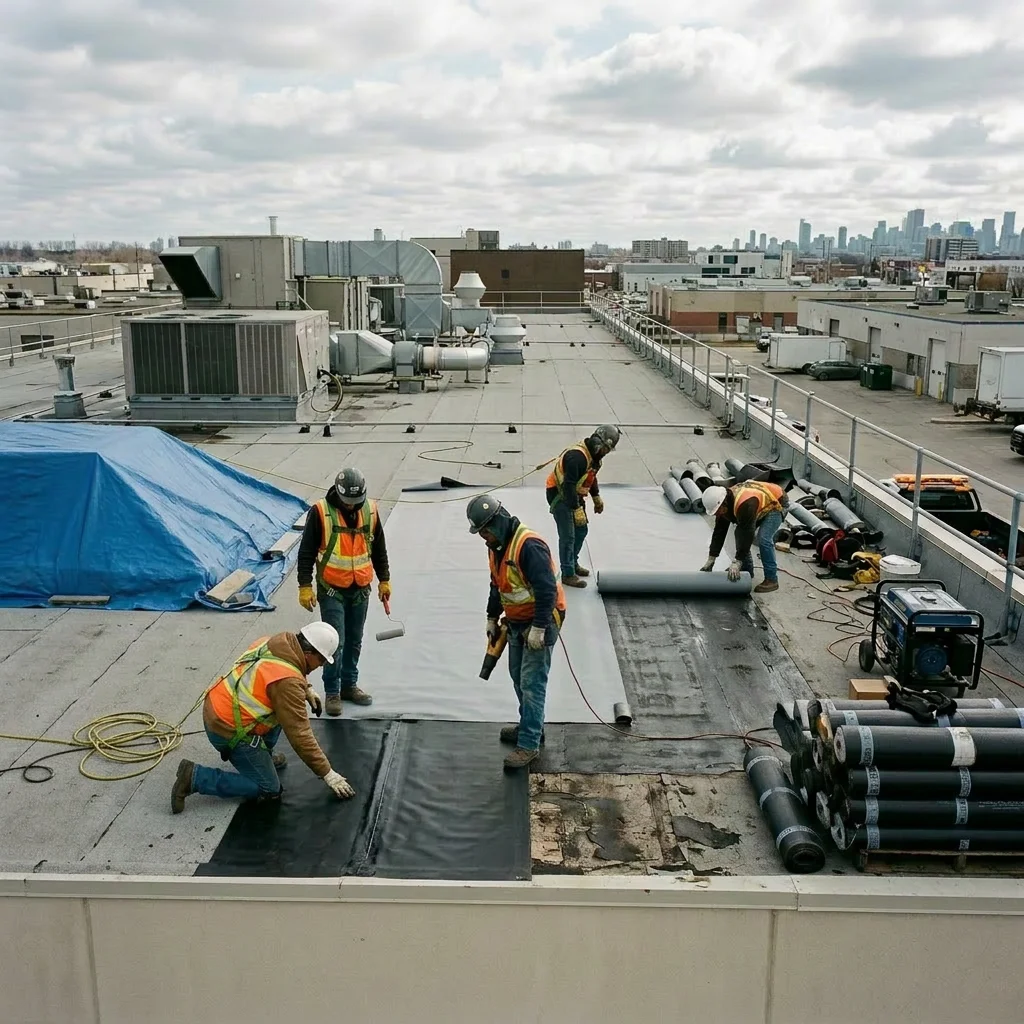 Five construction workers in safety vests and helmets installing roofing material on a flat rooftop in an urban industrial area.