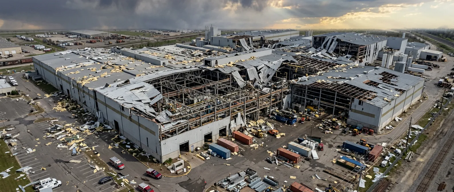 Aerial view of a large factory building with extensive damage to the roof and exterior, debris scattered around the premises under a cloudy sky.