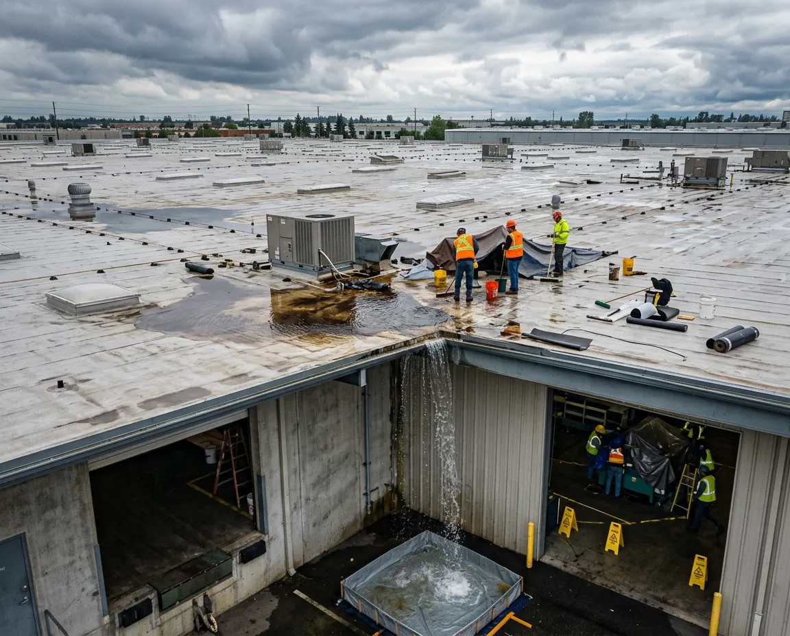 Workers on a flat industrial roof fixing a water leak while water cascades off the roof into a containment pool below.