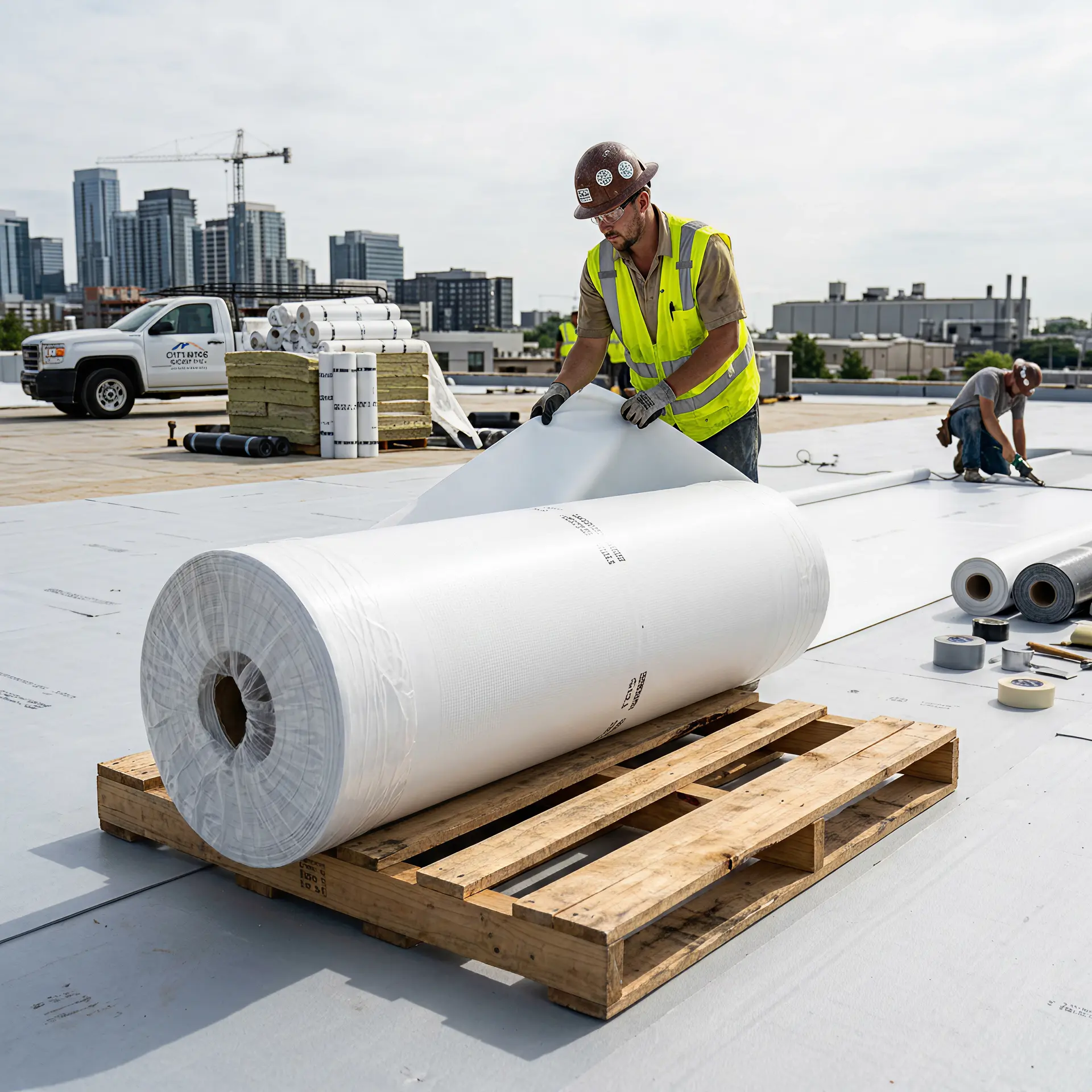 Construction worker wearing a hard hat and safety vest unrolling white commercial single-ply membrane roofing material on a rooftop.