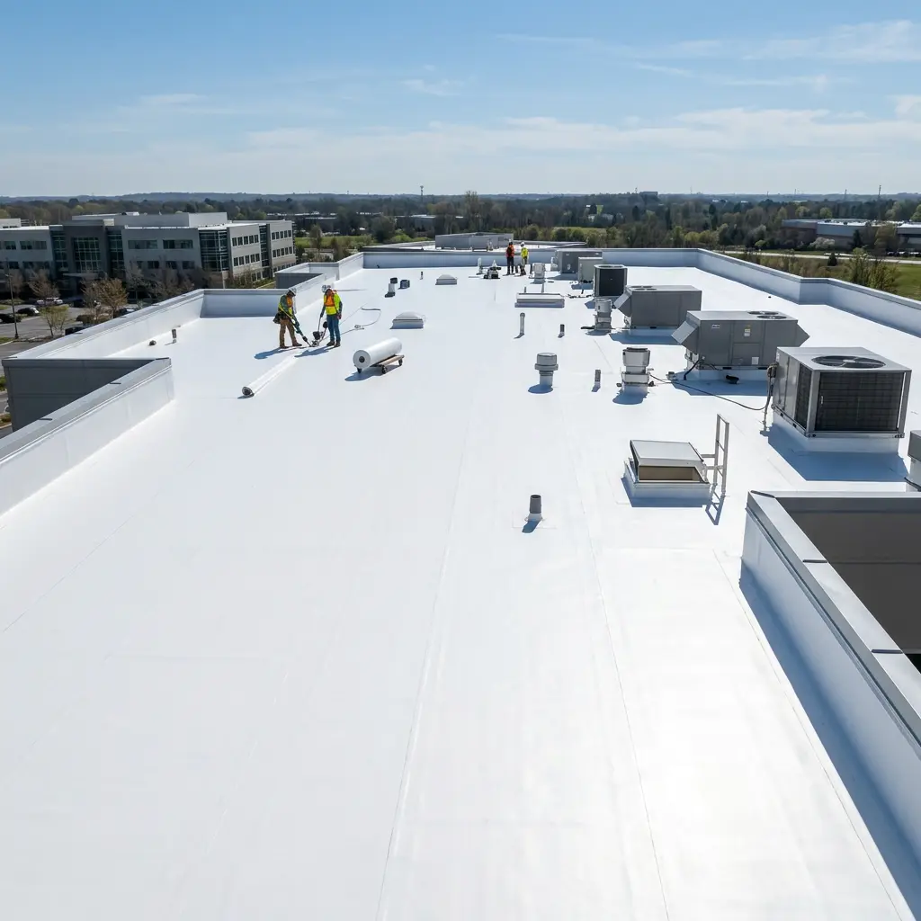 Workers installing white roofing membrane on a commercial flat roof with HVAC units.