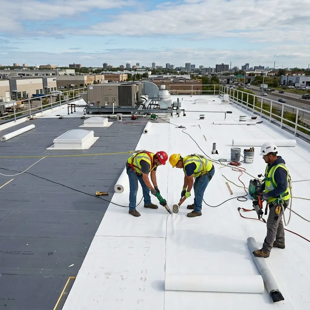 Three construction workers wearing safety vests and helmets installing and sealing white roofing material on a flat commercial building rooftop.