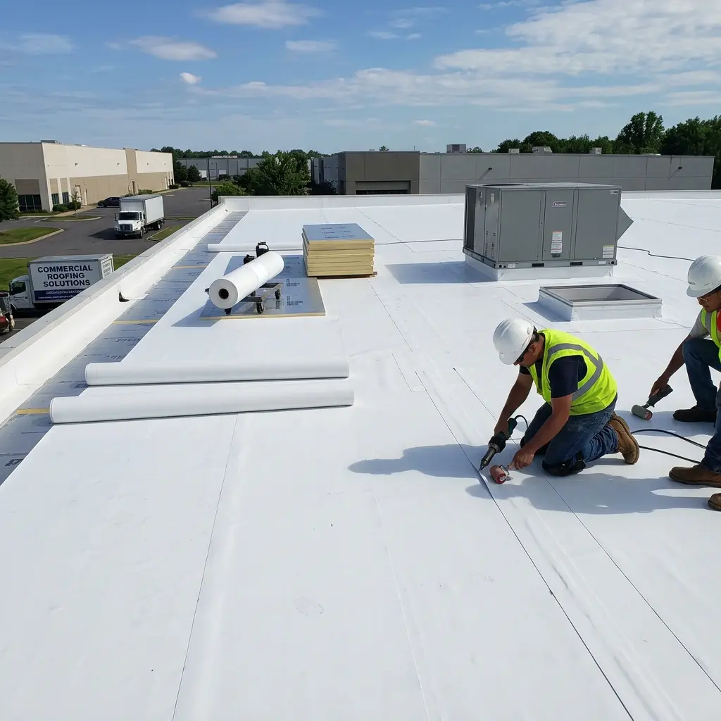 Two construction workers in safety vests and helmets installing white roofing on a commercial building rooftop under a partly cloudy sky.