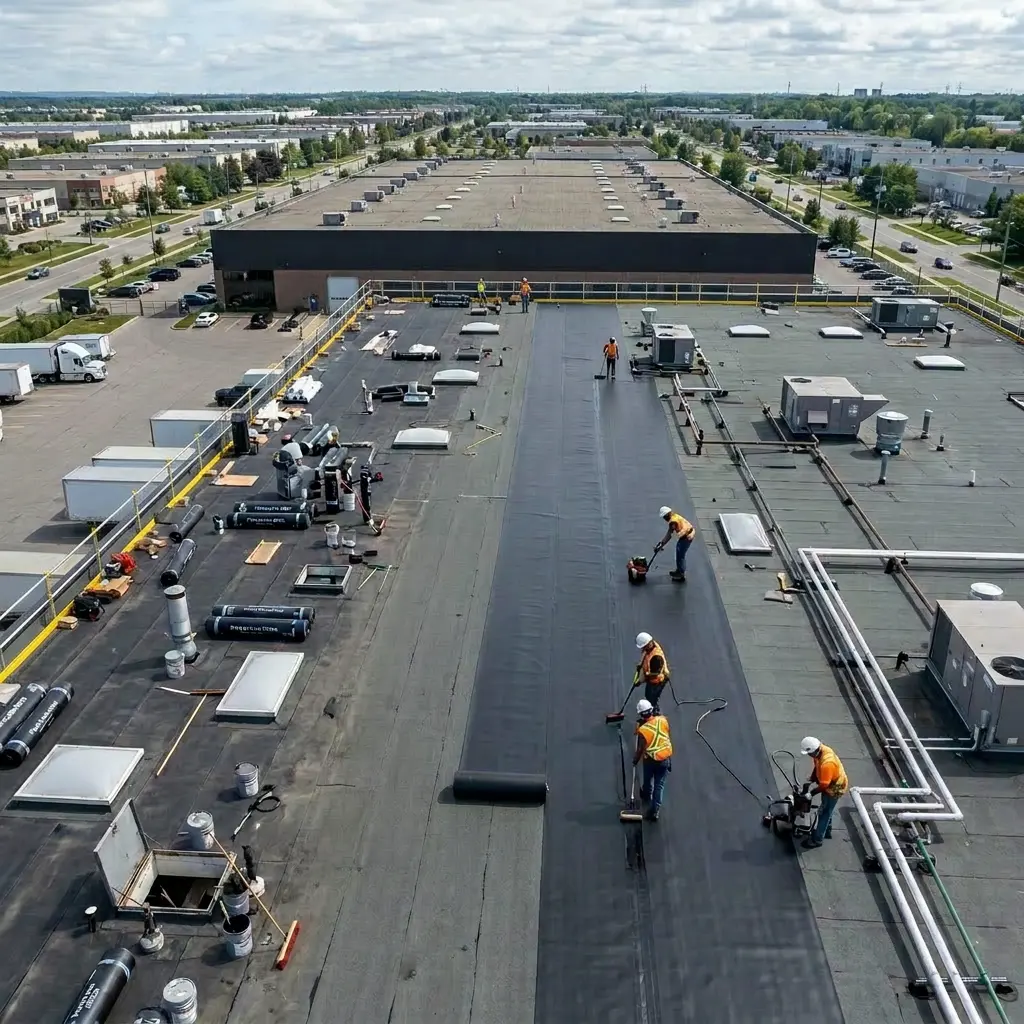 Workers in safety vests installing a black waterproof membrane on a large flat commercial roof with equipment and pipes.