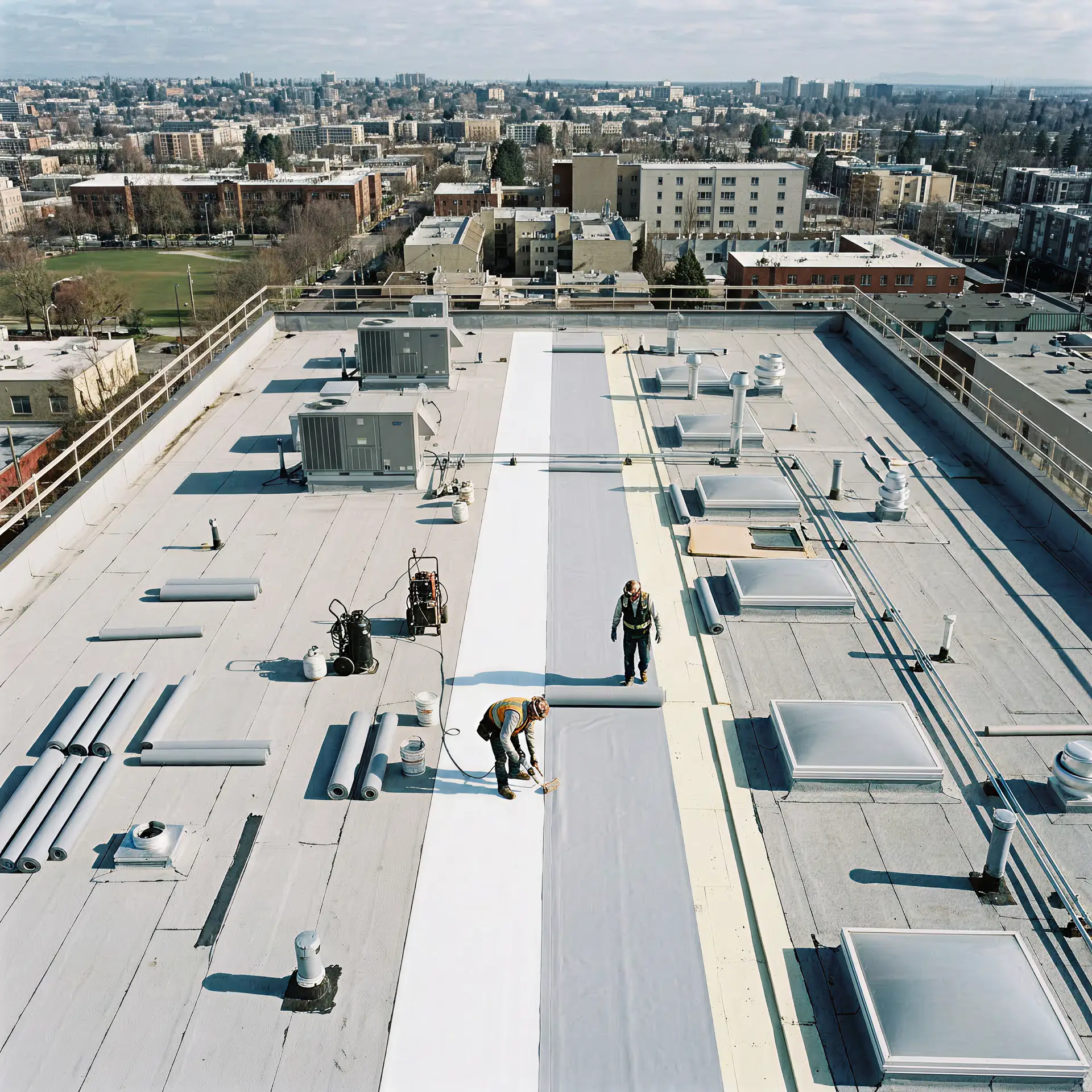 Aerial view of two construction workers installing roofing material on a flat rooftop in an urban area.