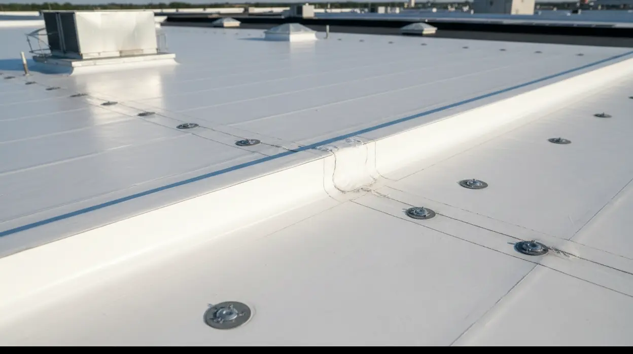 Close-up of a white flat commercial roof with visible fasteners and a ventilation unit in the background.